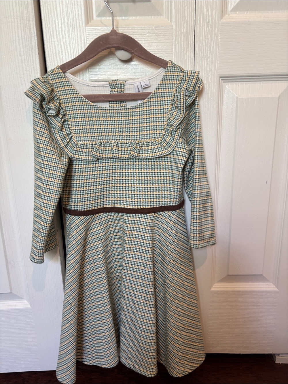 Janie and Jack Green Plaid Ruffle Yoke Dress with Brown Trim
